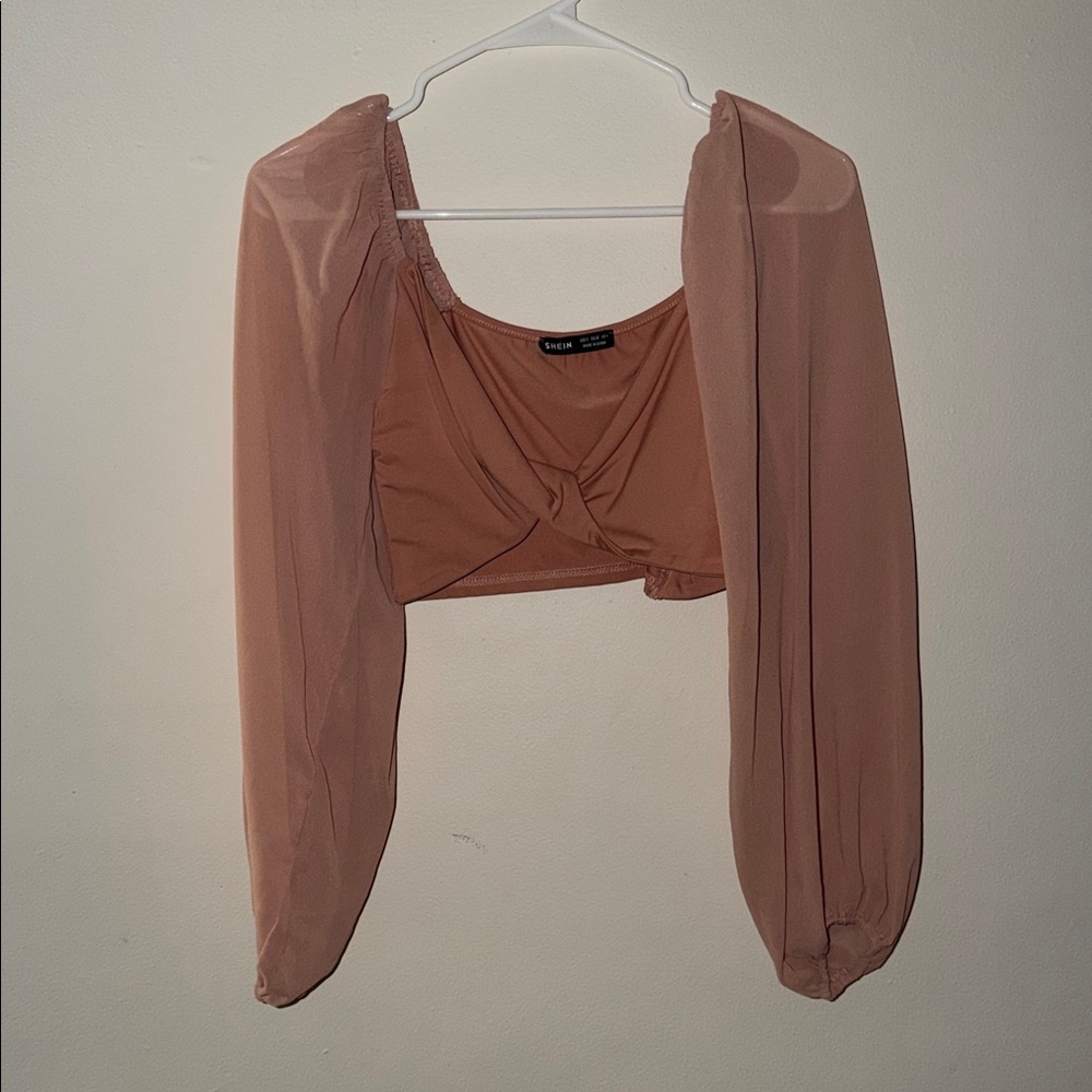 SHEIN Tan Crop Top with Sheer Sleeves